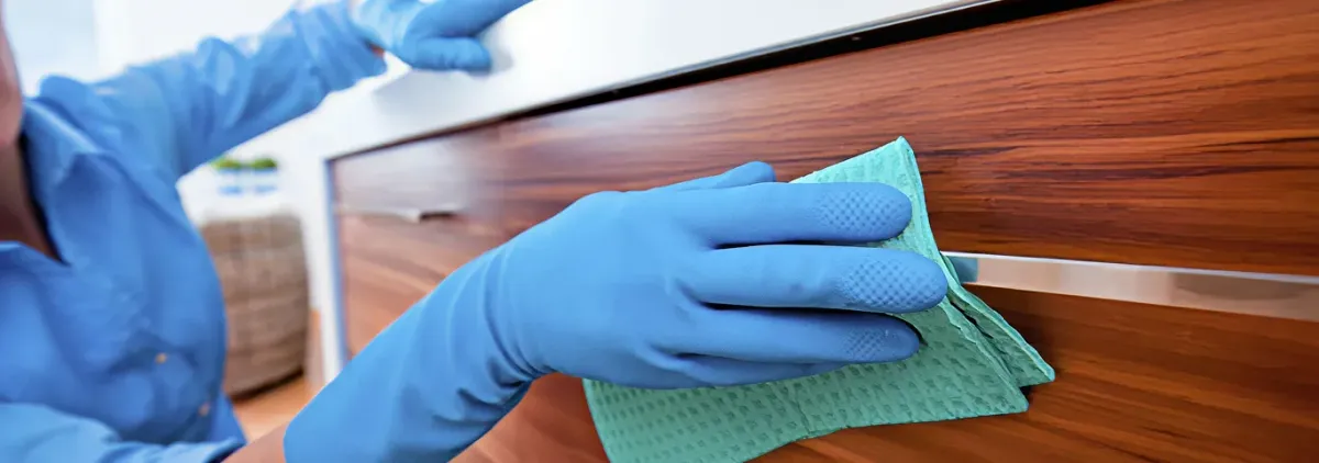 Cleaner wearing blue gloves wiping a wooden cabinet drawer with a microfiber cloth for dust and grime removal, Boise, ID.